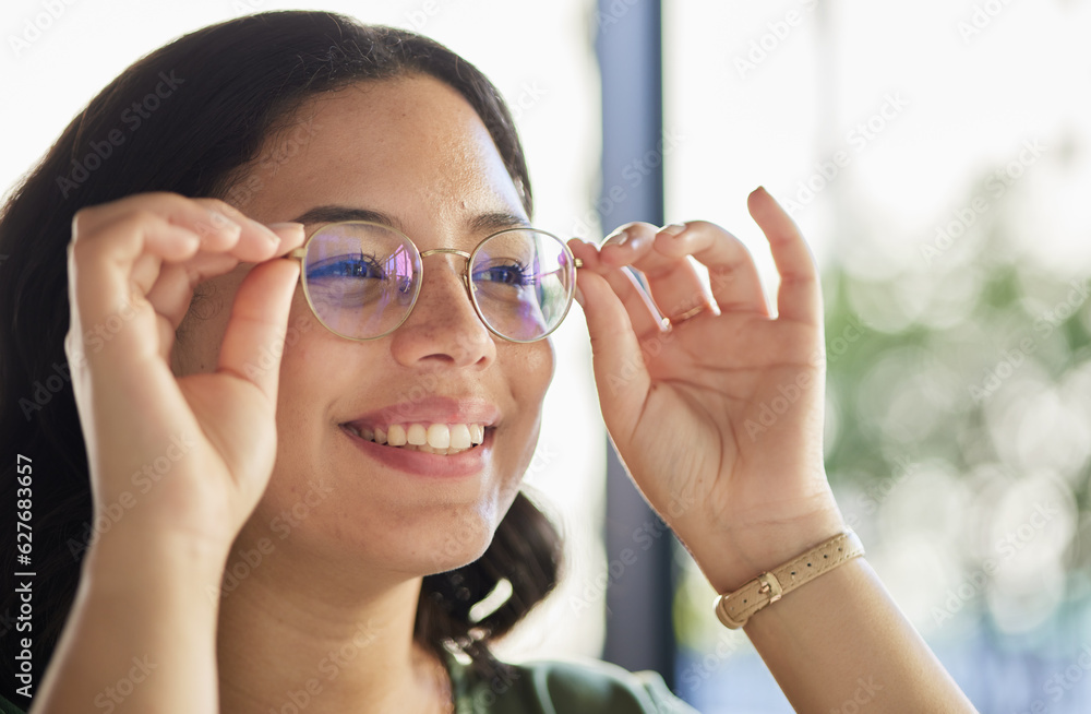 Woman, glasses and thinking with eyes, optometry and health with smile, choice and fashion in store.