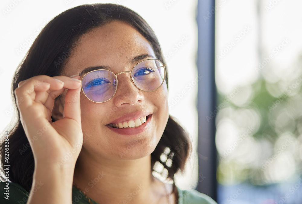 Woman, glasses and portrait with eyes, optometry and health with smile, choice and fashion in store.