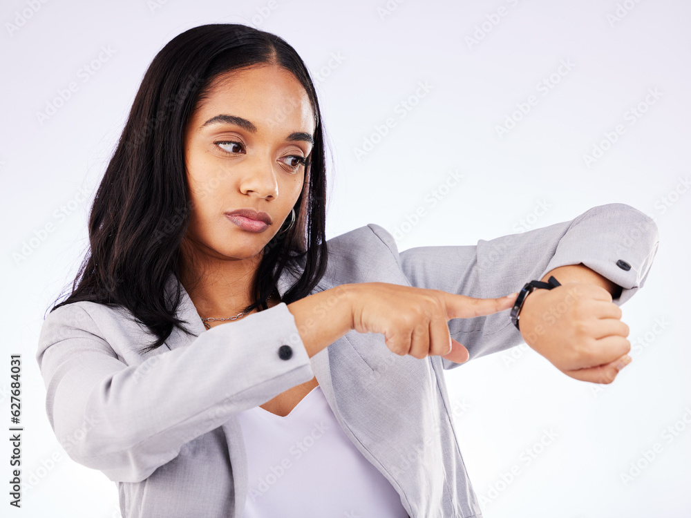 Time, rush and business woman with watch annoyed at late person isolated in a white studio backgroun