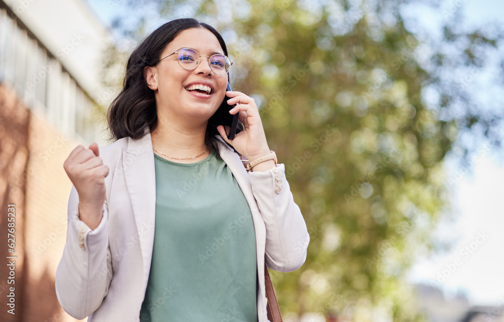 Phone call, celebration and businesswoman with good news in the city walking in the street. Success,