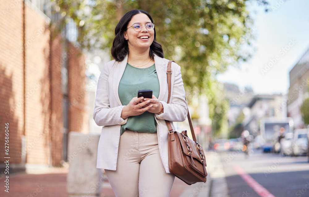 Walking, phone and a woman outdoor in a city with communication, internet connection and app. Happy,