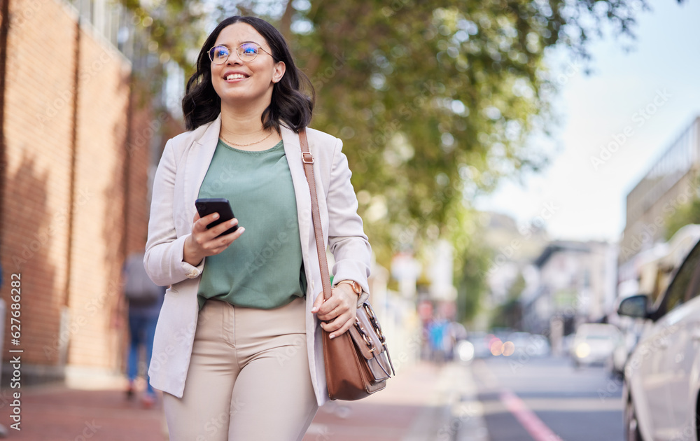 Phone, walking and a business woman outdoor in a city with communication, internet connection and ap