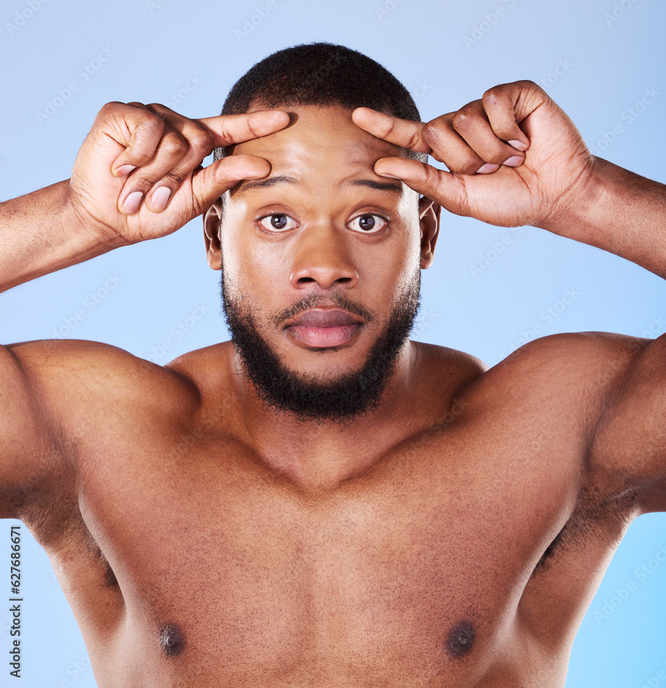 Skincare, wrinkle and portrait of black man in studio hand on forehead for aging skin check on blue 