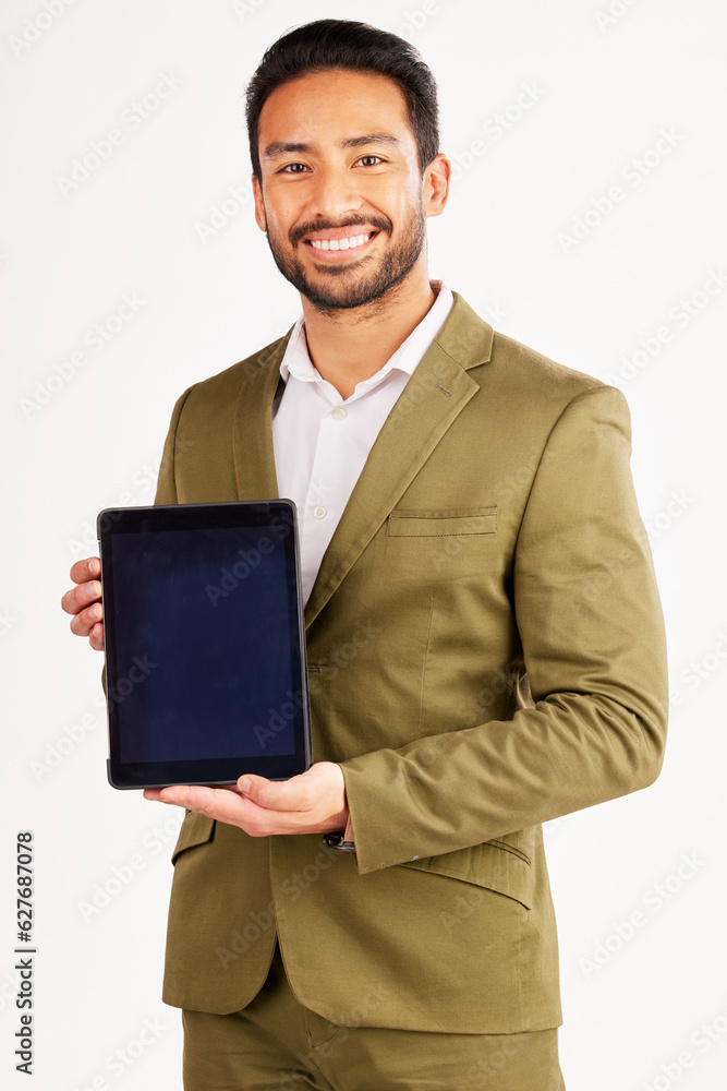 Business man, portrait or tablet mockup on screen in studio for presentation of information on white