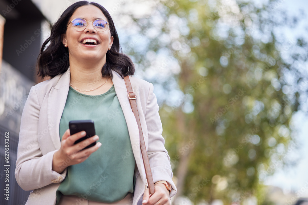 Phone, city and business woman thinking of communication, outdoor networking or social media marketi