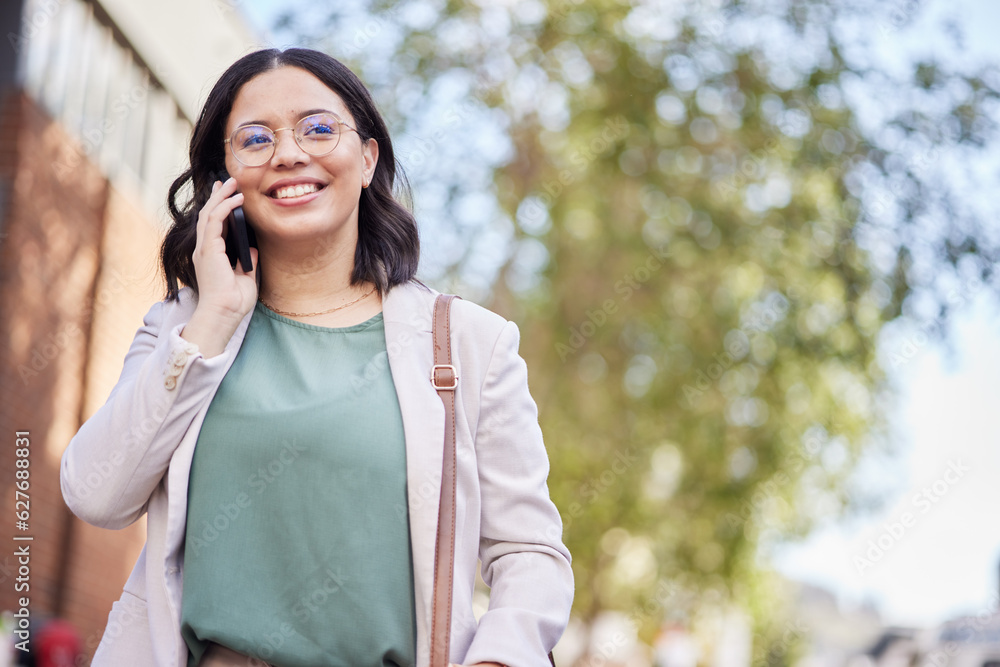 Phone call, city and business woman thinking of communication, networking and career opportunity for