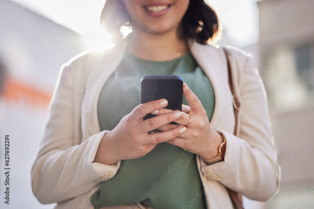 Phone, hands and a woman outdoor in a city with communication, internet connection and app. Closeup 