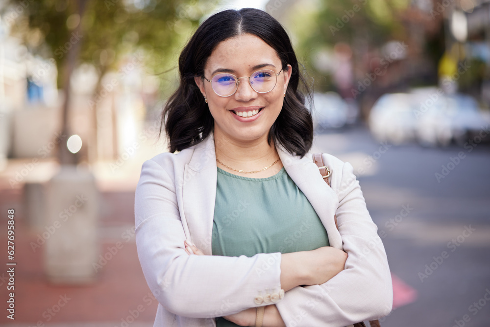 Happy, arms crossed and portrait of woman in city for corporate confidence, work and career. Smile, 