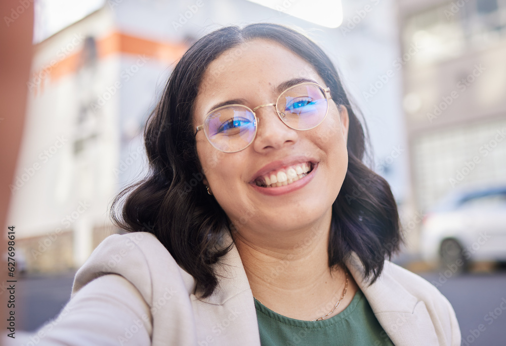 Young business woman, selfie and city with smile, glasses and excited for start to finance career in