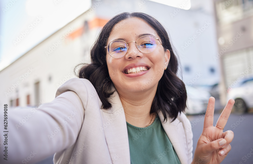 Business woman, selfie and street with peace sign, smile or glasses for blog, finance career or city