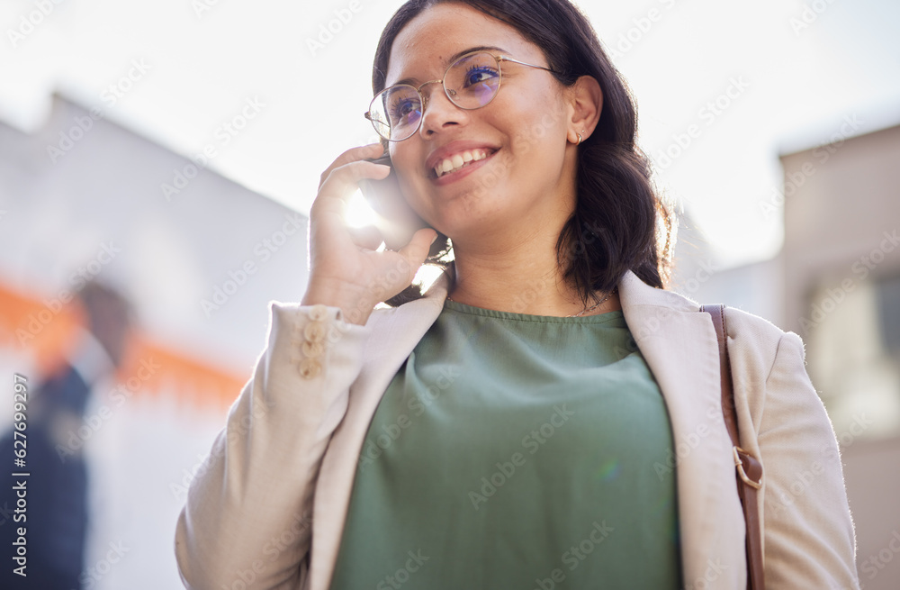 Business woman, phone call and outdoor in a city for communication, connection and contact. Happy an