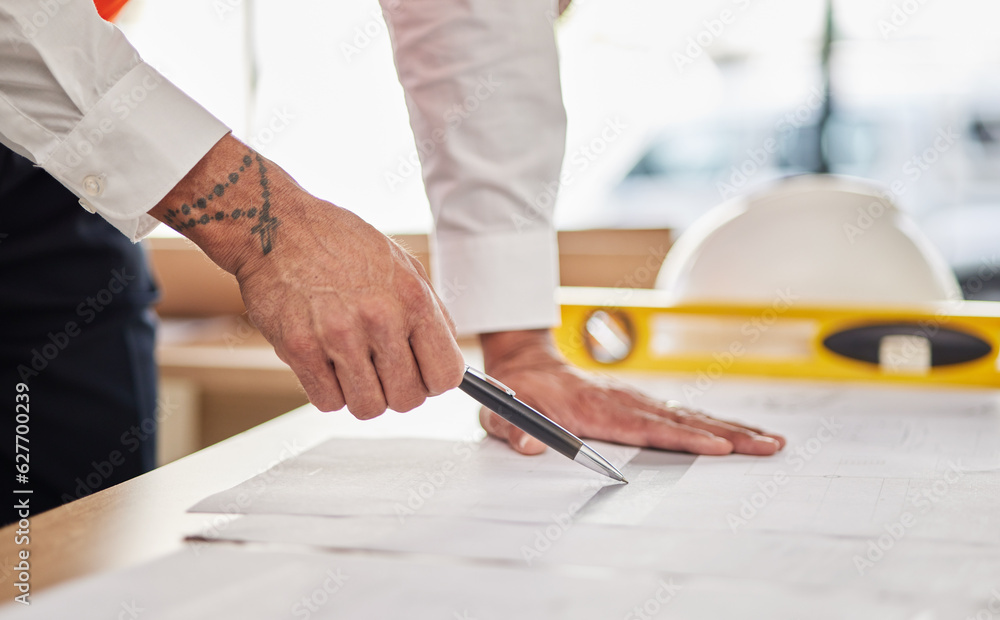 Hands, architecture and pen for drawing blueprint, project illustration or engineering process. Clos