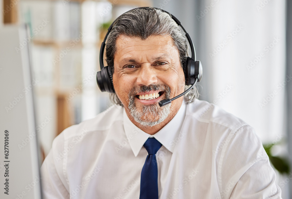 Call centre, happy and portrait of a man with a headset and a smile for customer service. Face of a 