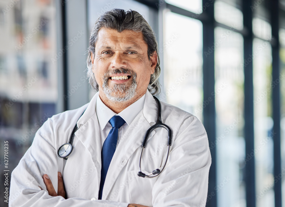 Doctor, healthcare portrait and arms crossed in clinic or hospital of patient support, leadership or