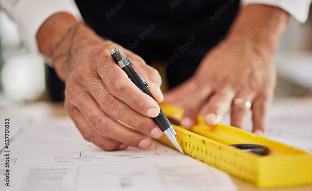 Hands, architecture and ruler for drawing blueprint, paper and engineering of project, building deve