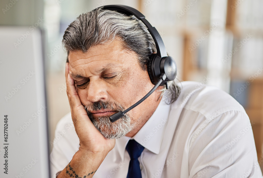 Tired, call center and male consultant sleeping in his office while doing an online consultation. Ex