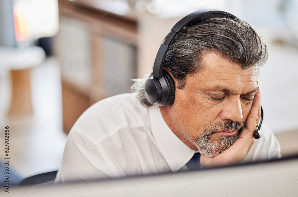 Fatigue, sleep and male call center consultant in his office while doing online consultation. Exhaus