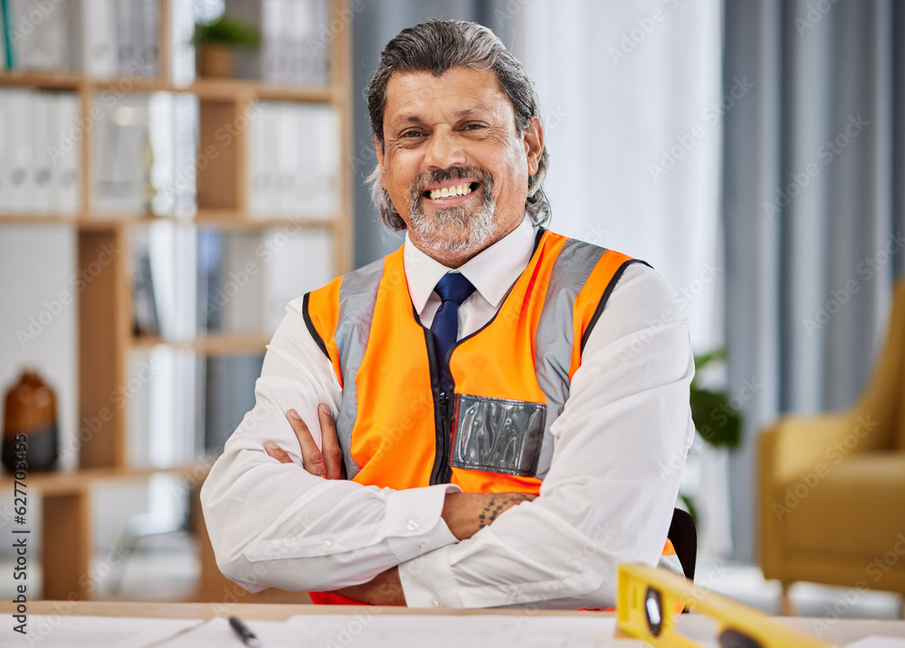 Architect, contractor and portrait of man in office for construction project management, development