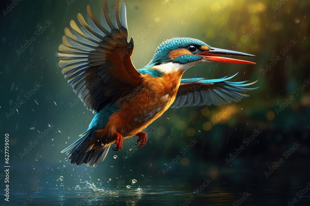 Kingfisher bird flying over water. Wildlife scene from nature. A Kingfisher catching a fish and flyi