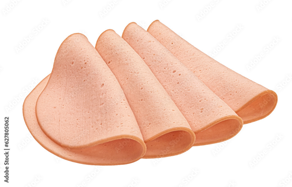 Boiled ham sausage slices isolated on white background, full depth of field