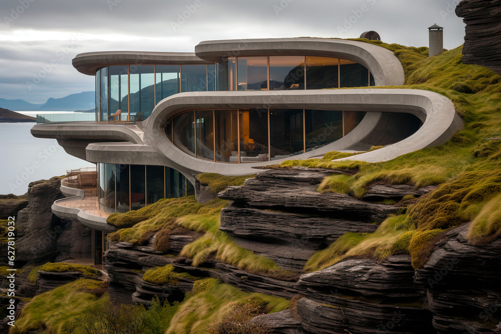 Luxury villa by the sea, exterior of a modern concrete house on mountain rock