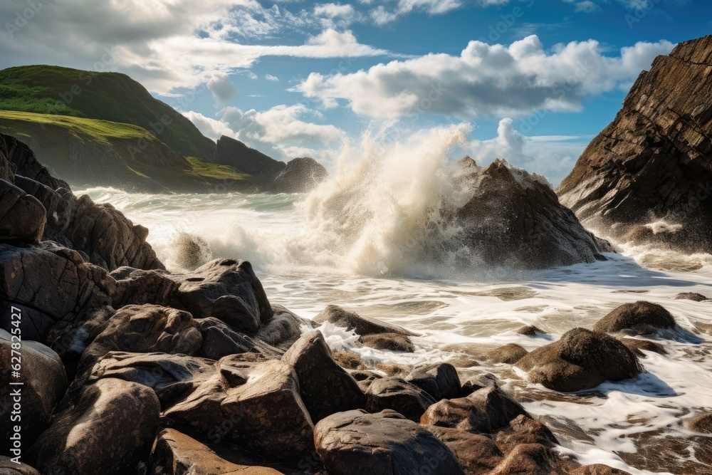 Beautiful seascape with waves crashing on rocks and cliffs. A Rocky Beach landscape view with rough 