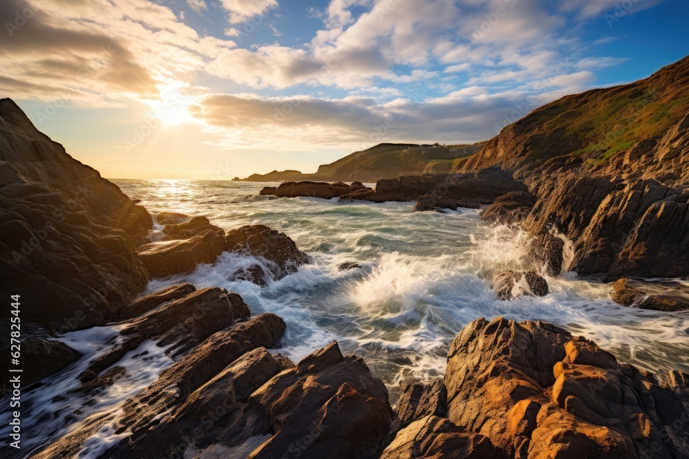 Sunset over the Atlantic Ocean in Cornwall, England, United Kingdom, A Rocky Beach landscape view wi