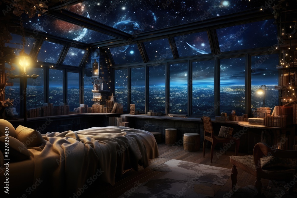 Interior of a room with a large window overlooking the night city. A room in an apartment can see th