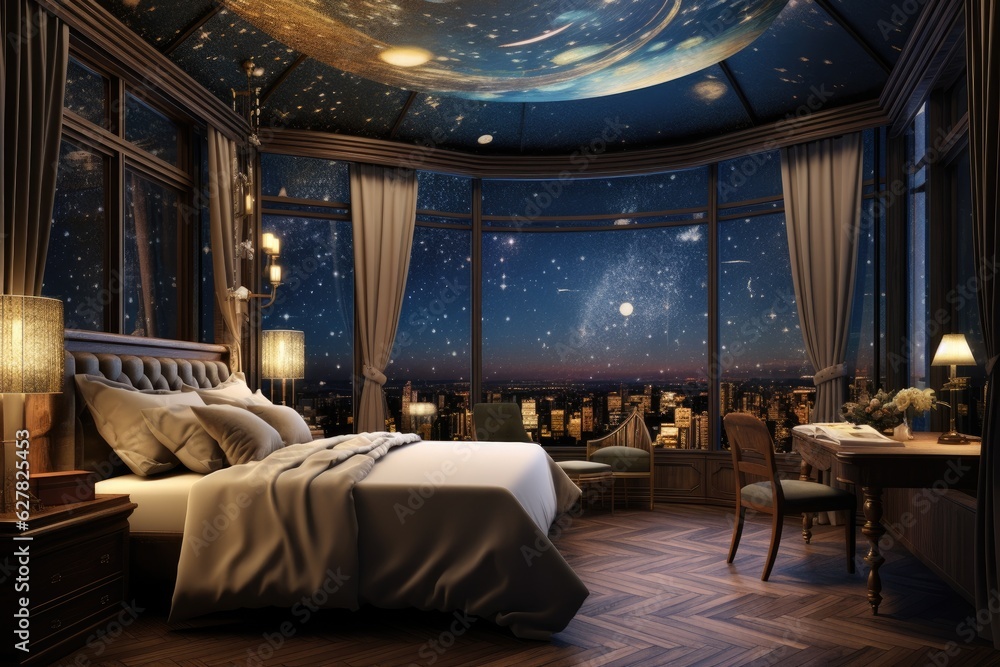 3D rendering of a night bedroom with a view of the stars, A room in an apartment can see the sky ful