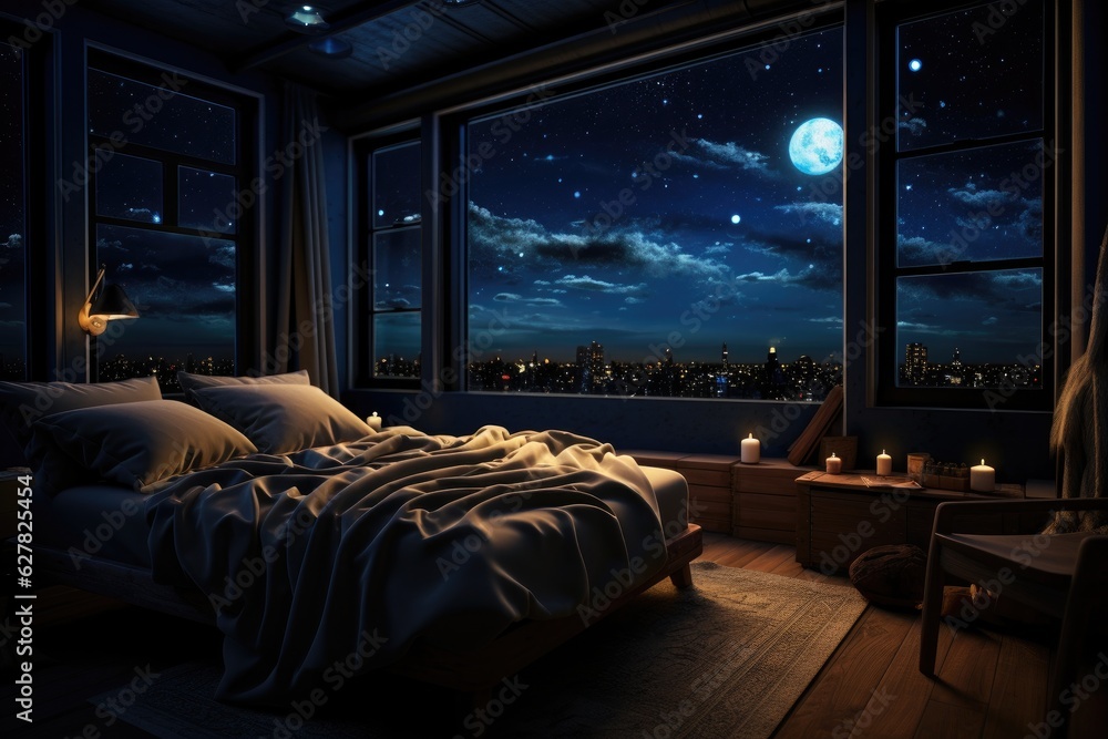 Night bedroom with big window and full moon. 3d rendering. A room in an apartment can see the sky fu