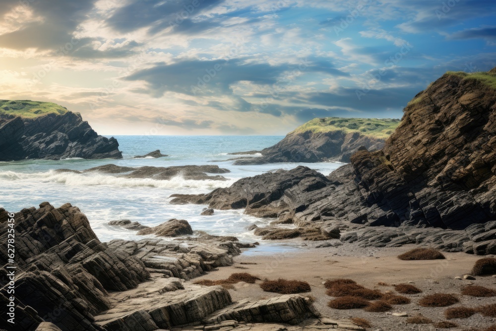 Beautiful seascape with rocks and sea in Cornwall, UK, A Rocky Beach landscape view with rough sea w