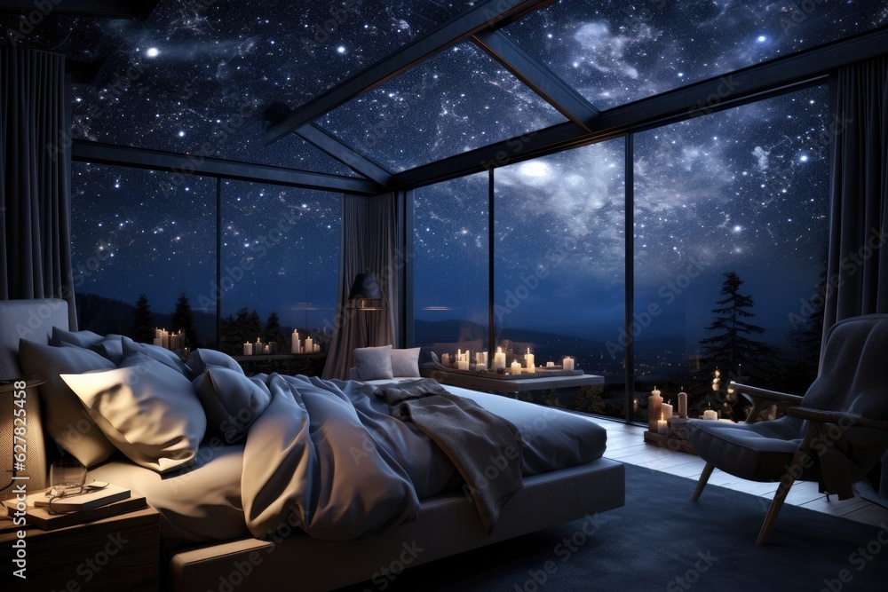 Interior of a modern bedroom at night with a view of the starry sky, A room in an apartment can see 