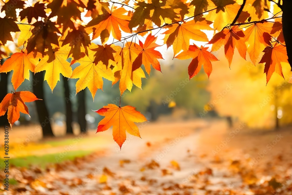 Autumn leaves on the ground and close up to tree