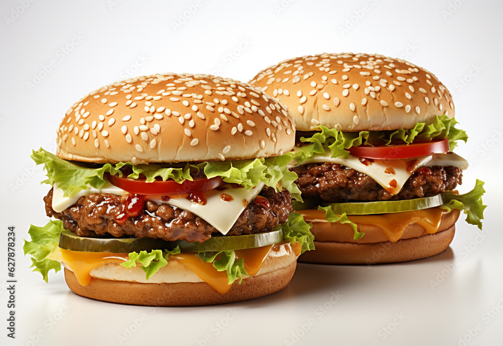 Double hamburger isolated on white background Fresh burger fast food with beef and cream cheese real