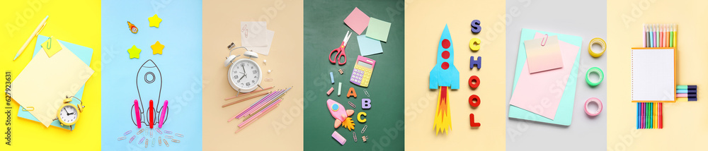 Collage of school stationery with alarm clocks and rockets on color background