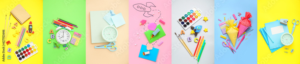 Collage of school stationery with alarm clocks, cones and rockets on color background