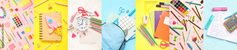 Collage of school stationery with backpack, alarm clock and rocket on color background