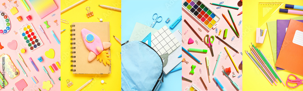 Collage of school stationery with backpack and rocket on color background