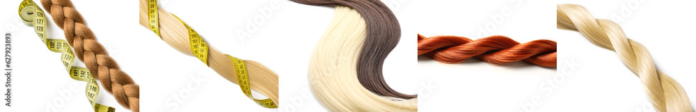 Set of different hair strands on white background