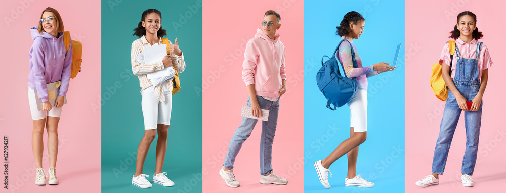 Set of different students on color background