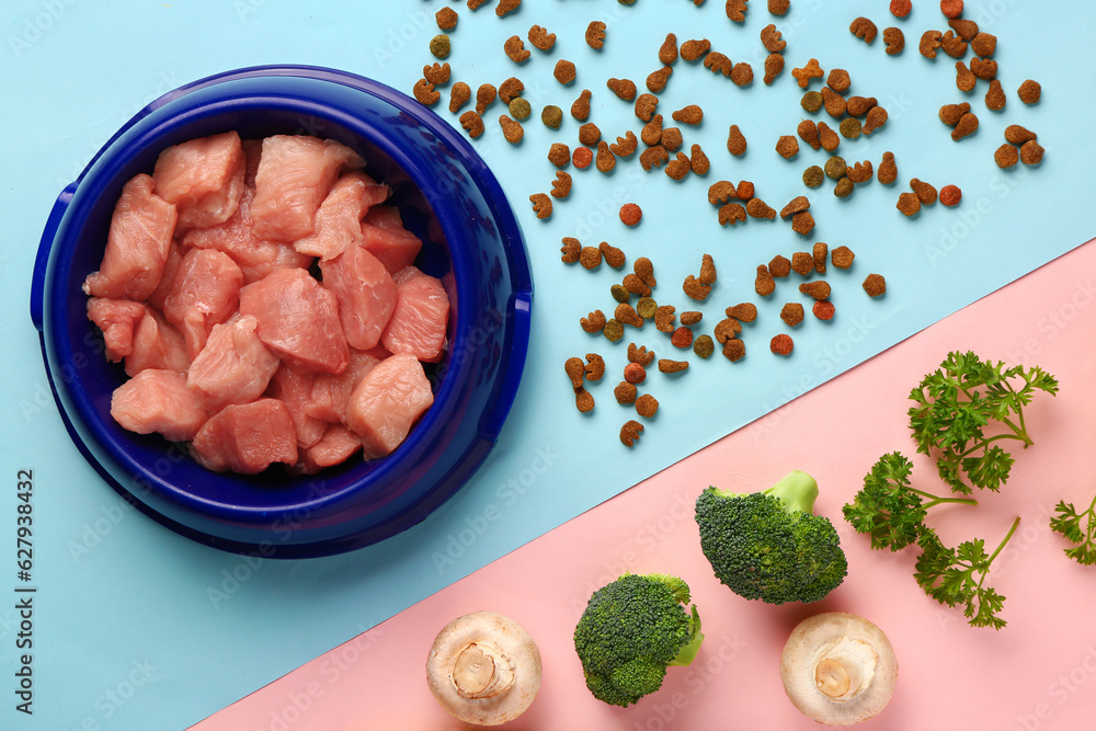 Composition with raw meat, dry pet food and natural products on color background