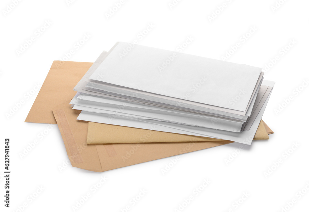 Stack of letters on white background