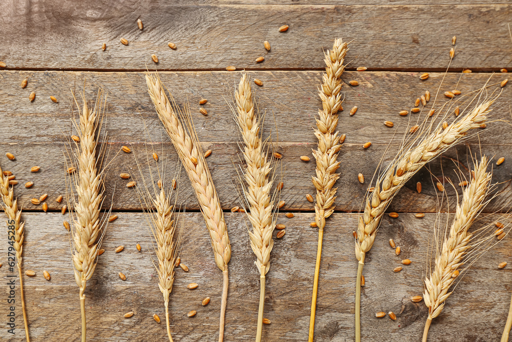 Wheat ears and grains on wooden table