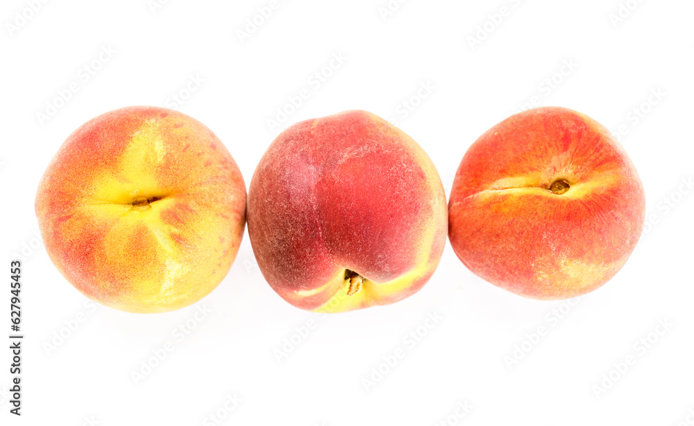 Sweet peaches on white background