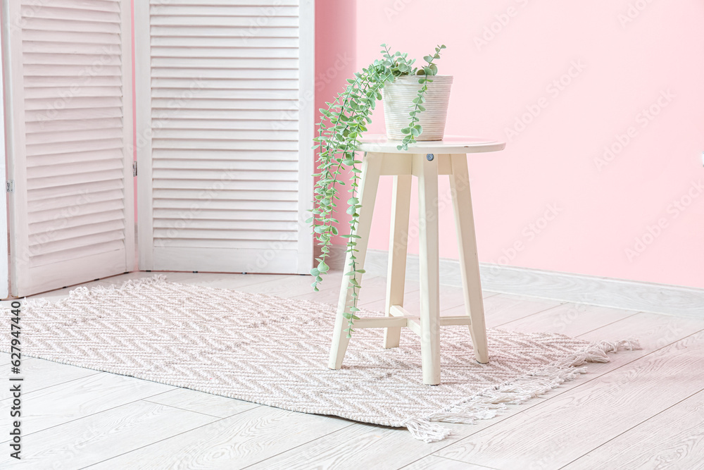 Interior of living room with houseplant on stool and stylish rug