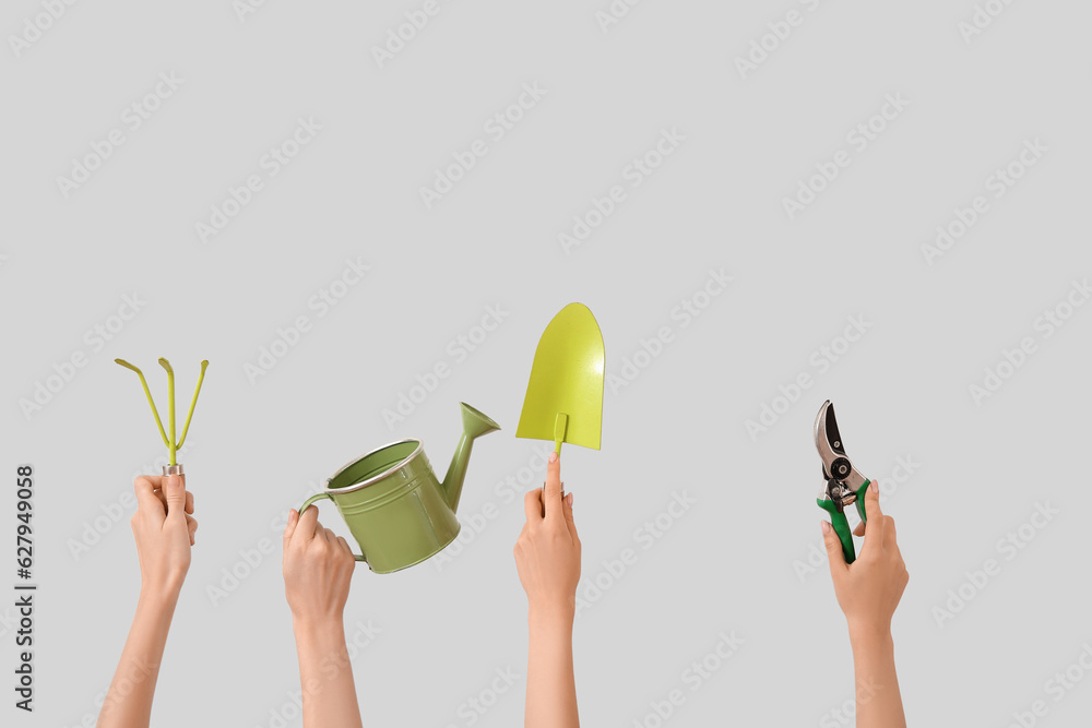 Women with different gardening tools on light background