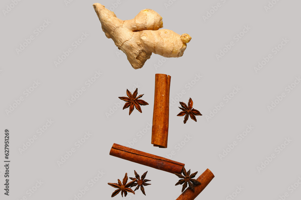 Flying cinnamon sticks, anise stars and ginger root on grey background