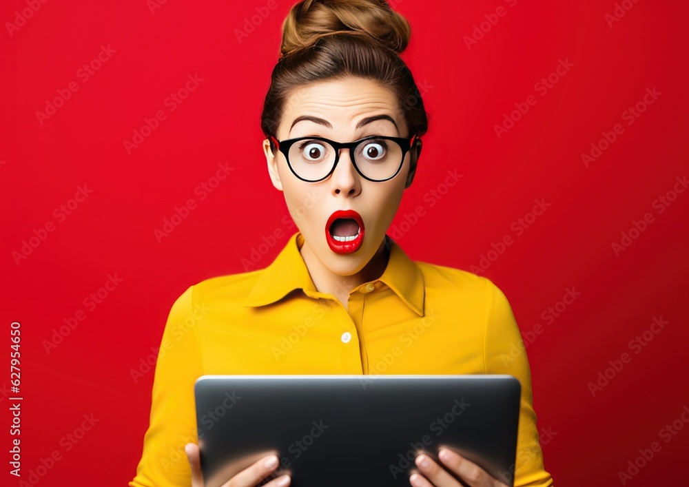 Surprised woman in yellow clothes holding laptop isolated on a red background. Sales, promotion and 