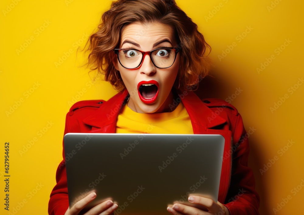 Surprised woman in yellow clothes holding laptop isolated on a red background. Sales, promotion and 