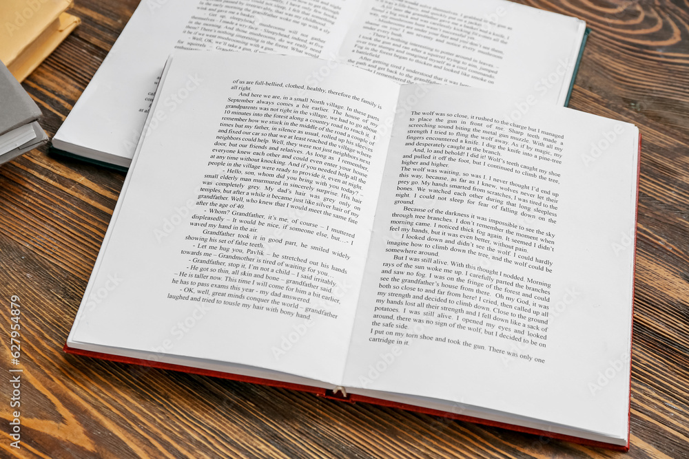 Open book on brown wooden table